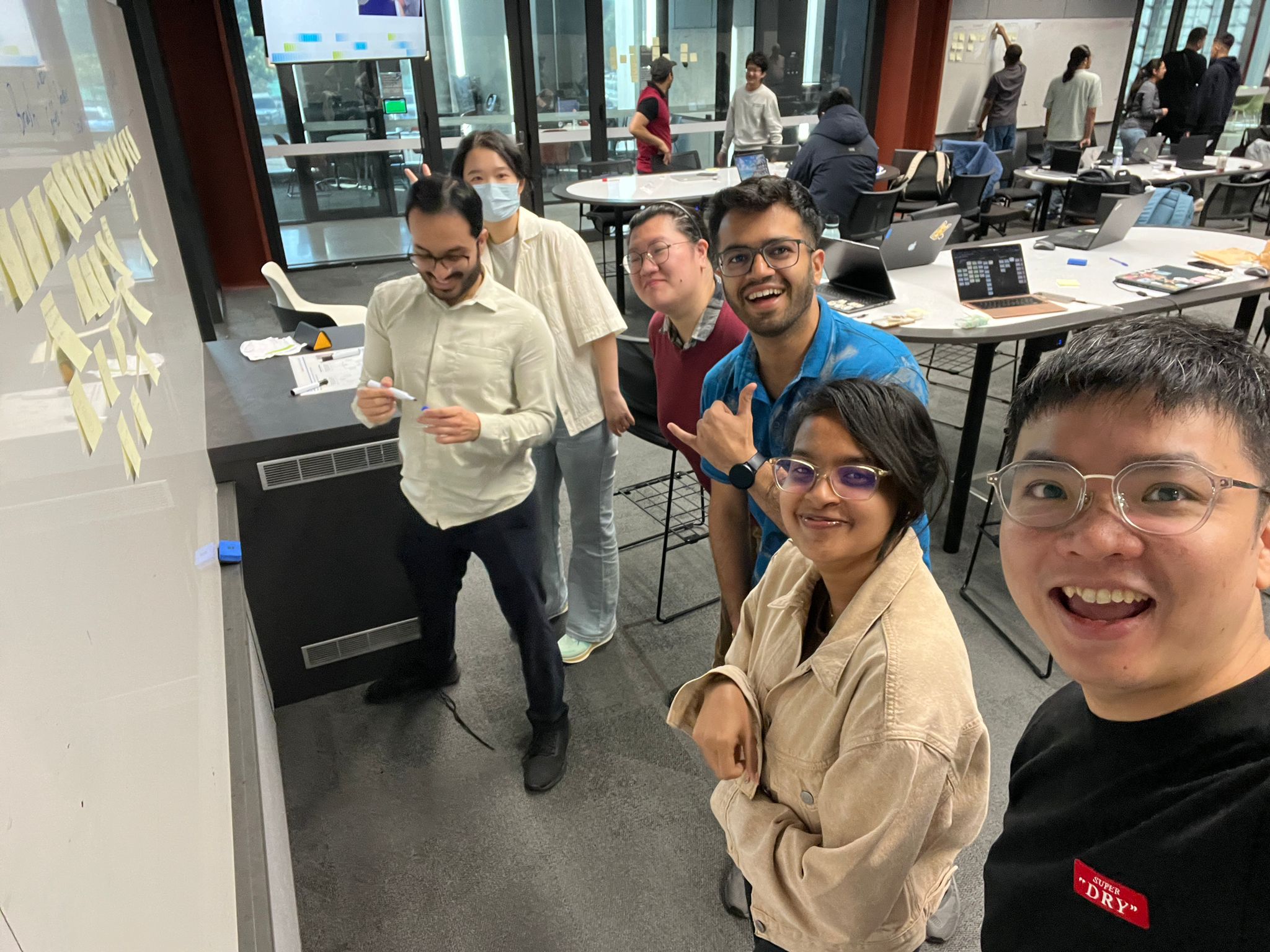 The team collaborating together during a workshop with sticky notes